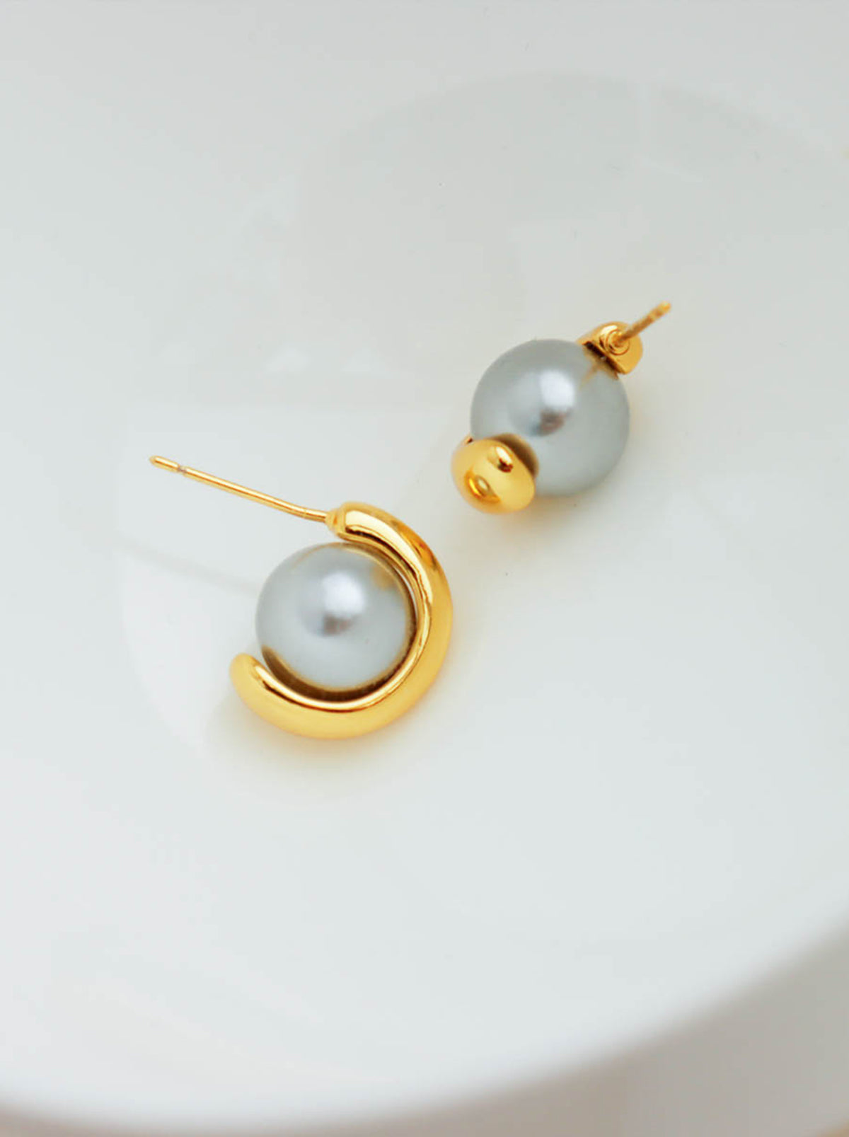 Swarovski Gray Faux Pearl C Shaped Gold Stud Earrings