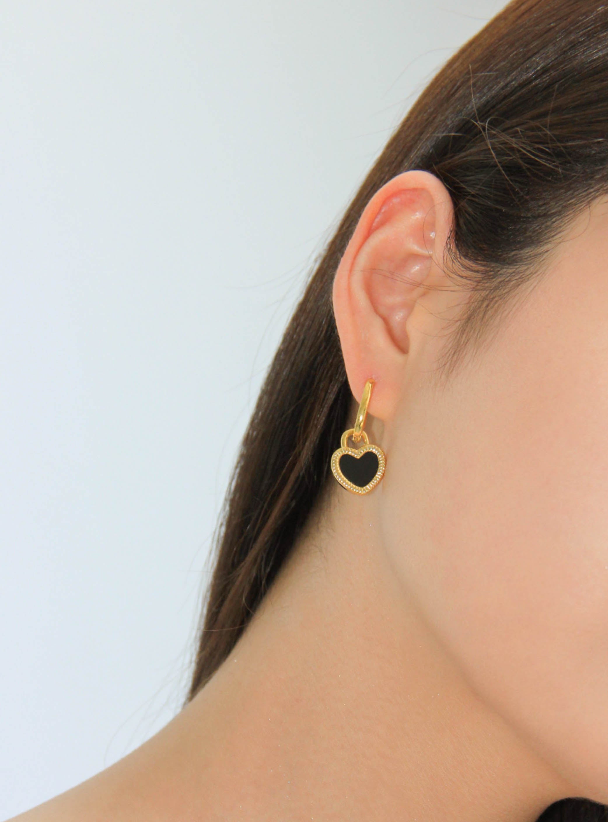 Gold Hoop Earrings with Black & White Resin Shell Heart Charms