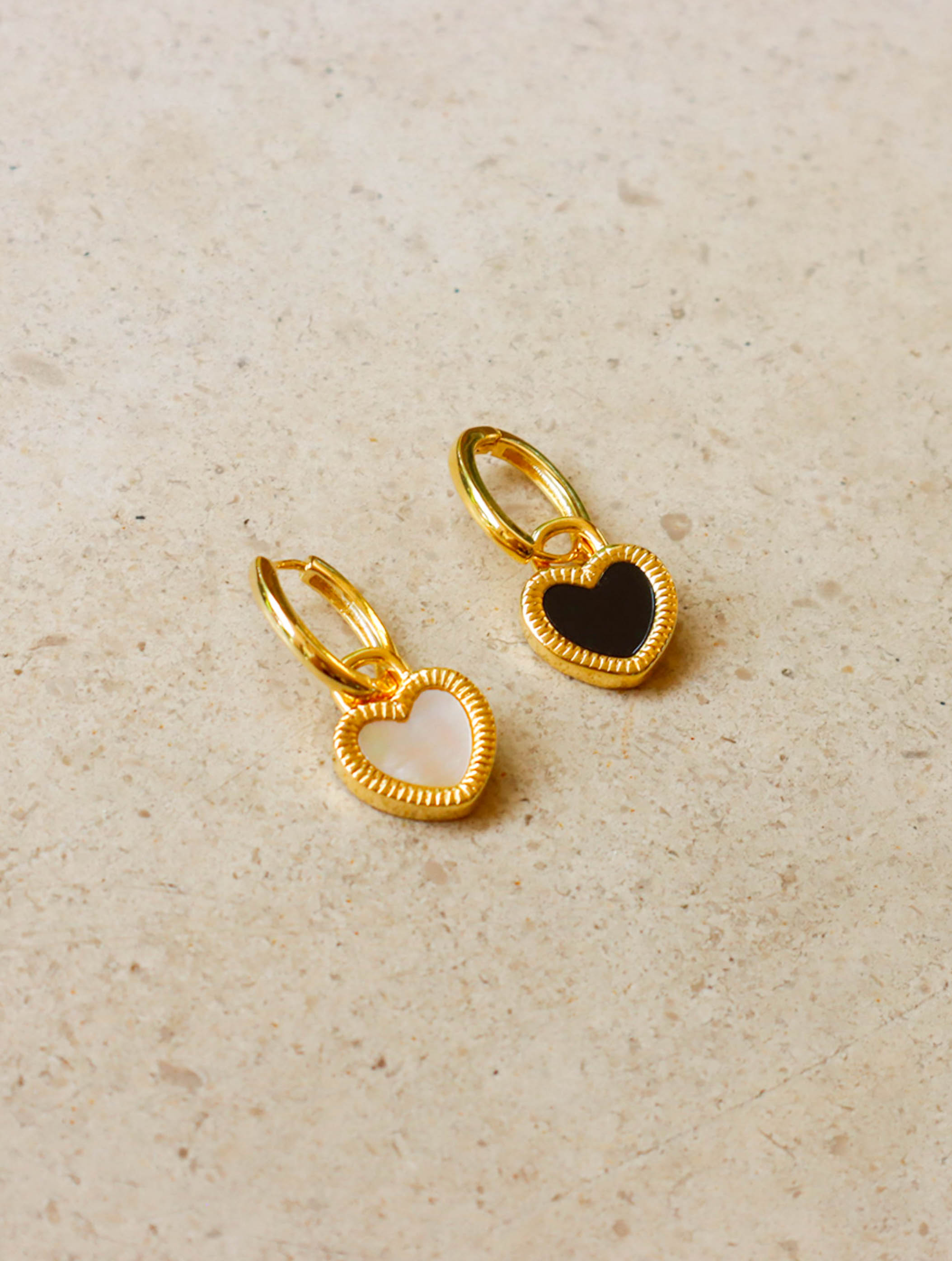 Gold Hoop Earrings with Black & White Resin Shell Heart Charms