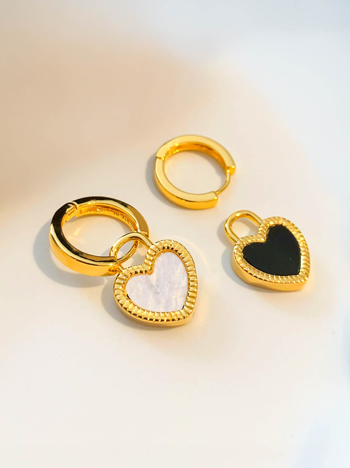 Gold Hoop Earrings with Black & White Resin Shell Heart Charms