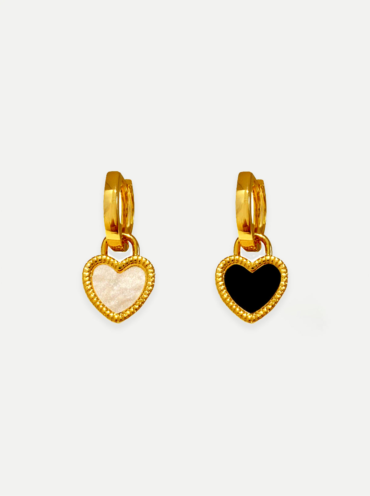 Gold Hoop Earrings with Black & White Resin Shell Heart Charms