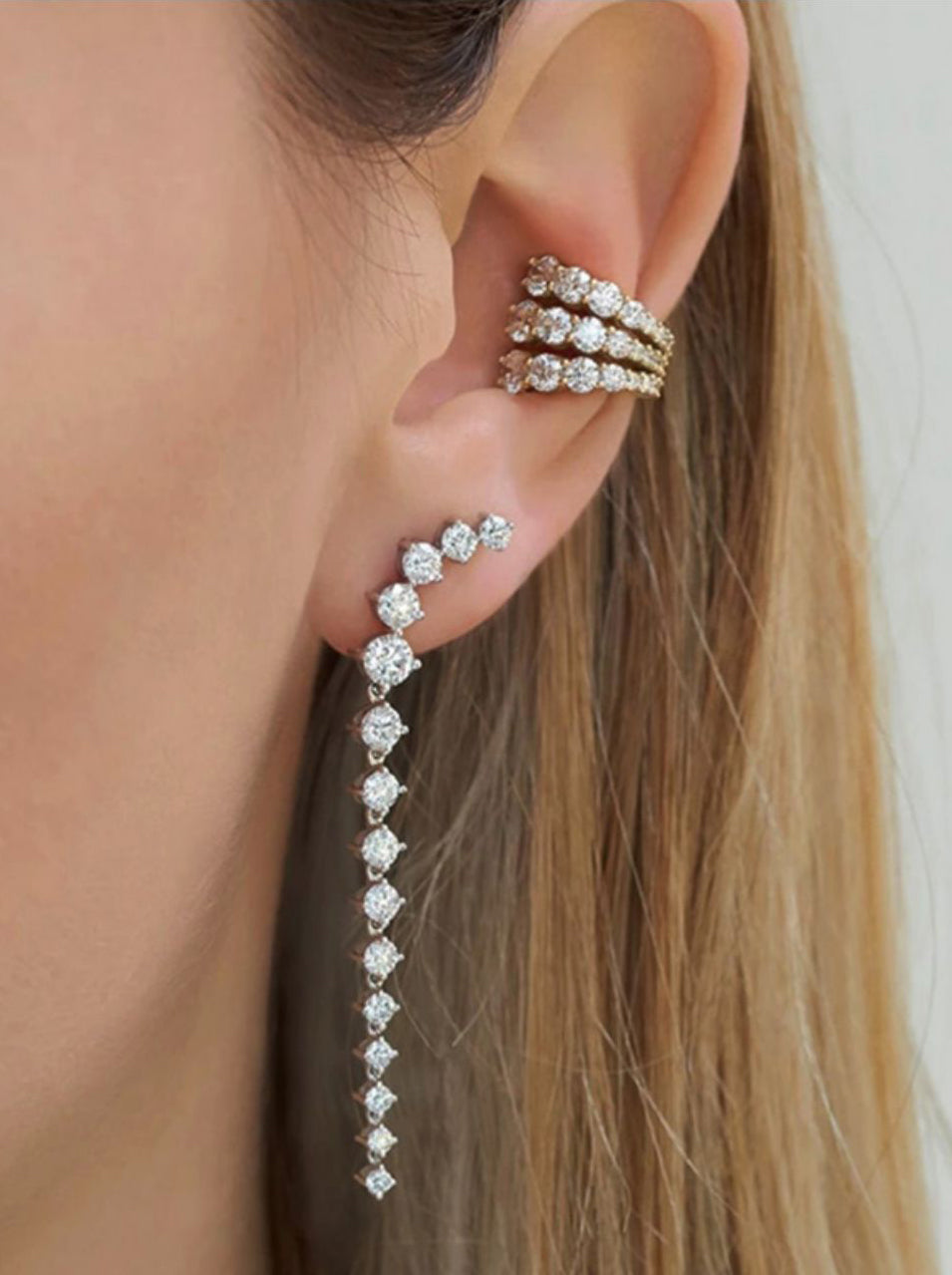 Triple-layers Zircon Rhinestones Gold Ear Cuff