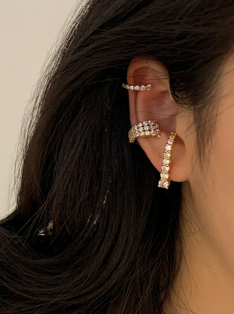 Triple-layers Zircon Rhinestones Gold Ear Cuff