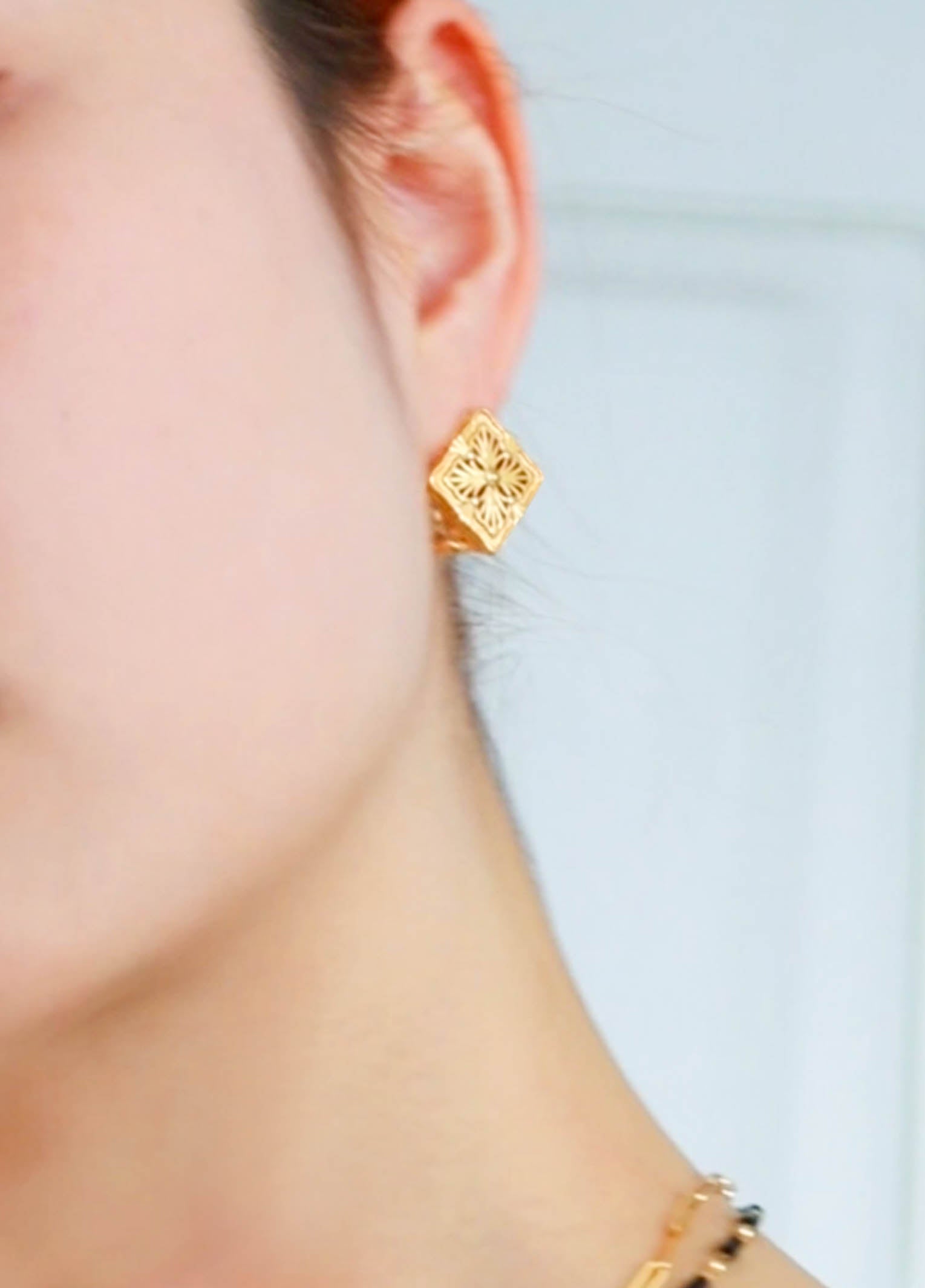 Gold Square Embellished Flower Stud Earrings