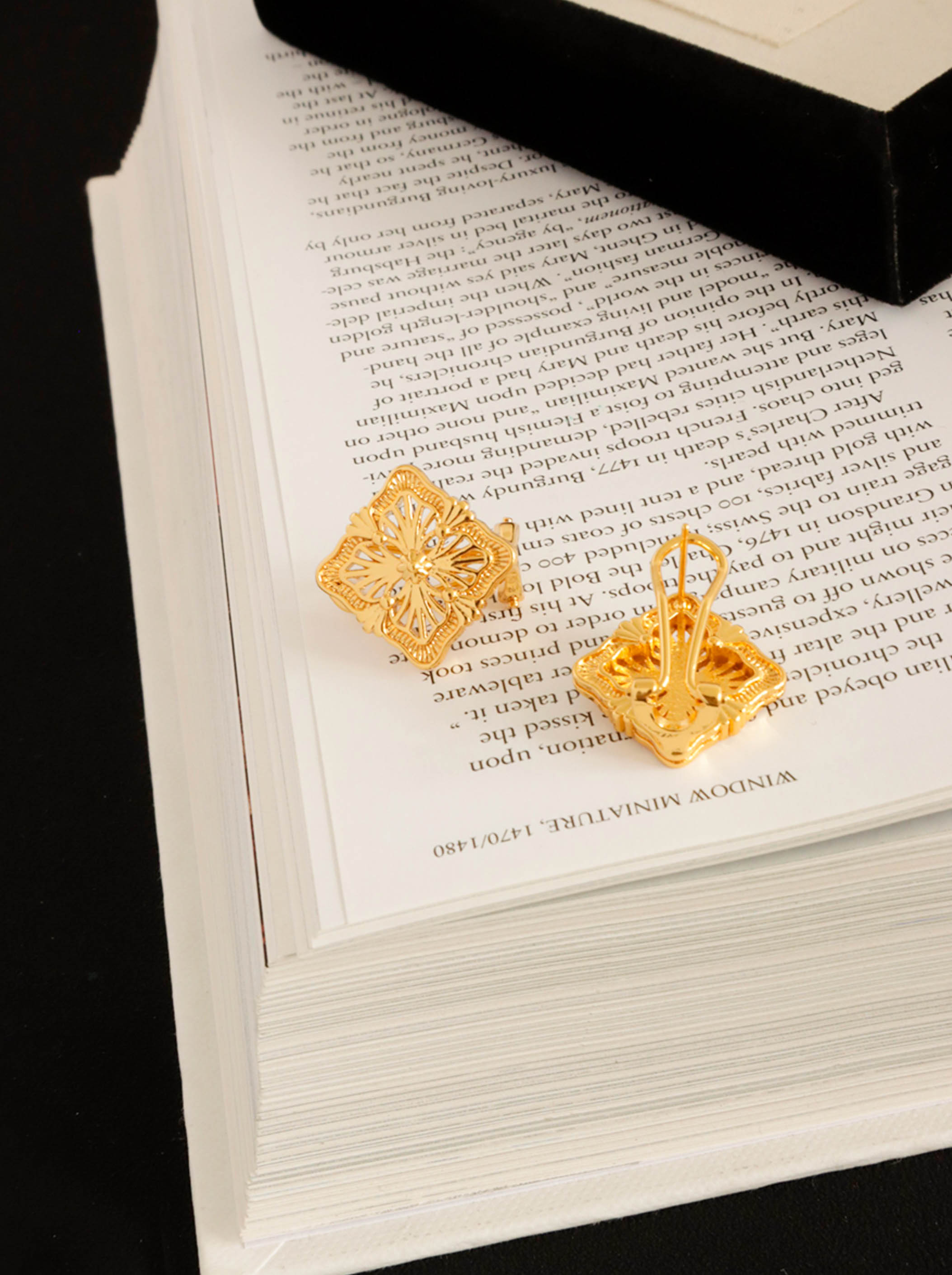 Gold Square Embellished Flower Stud Earrings