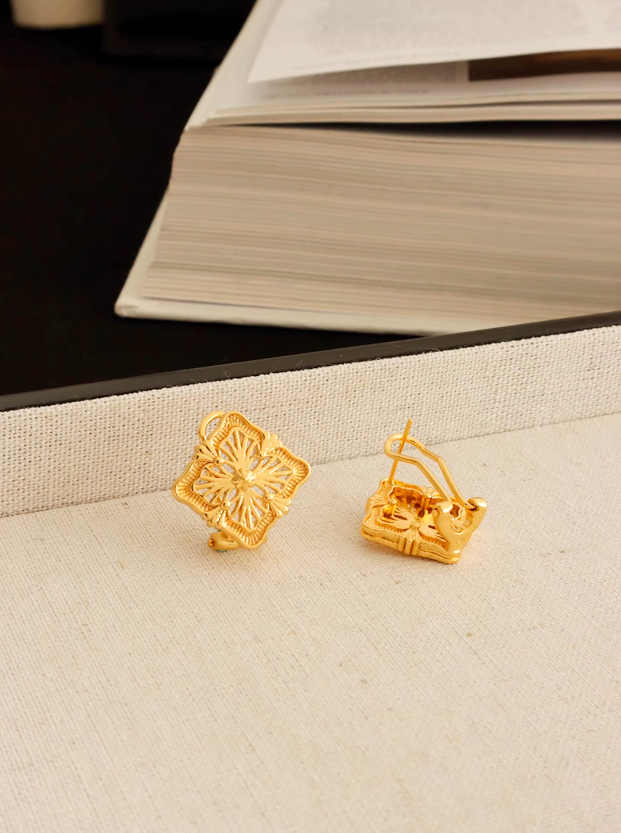 Gold Square Embellished Flower Stud Earrings