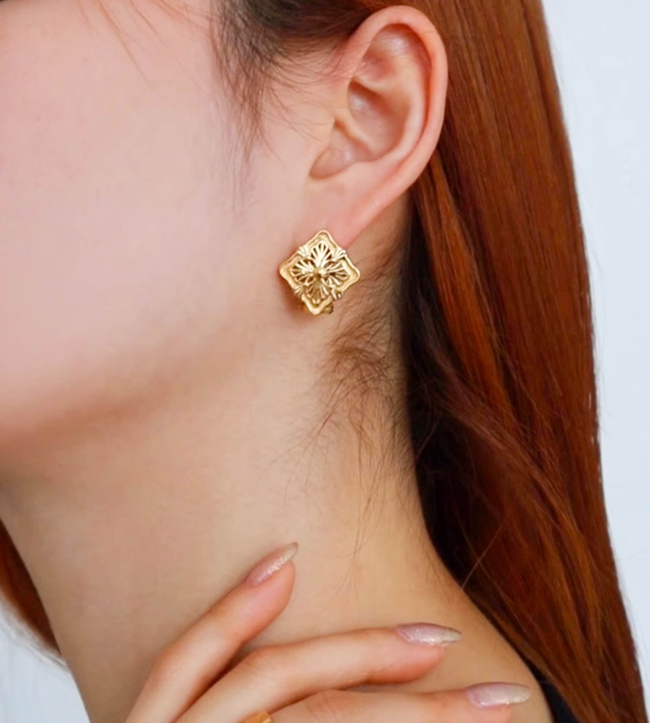 Gold Square Embellished Flower Stud Earrings