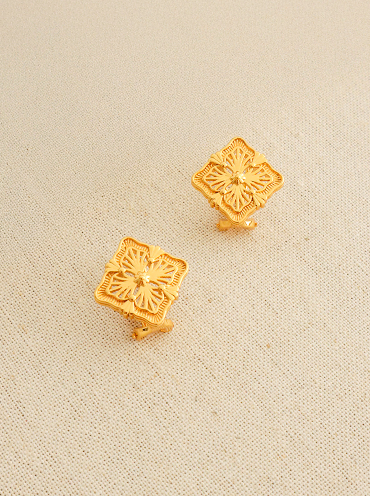 Gold Square Embellished Flower Stud Earrings