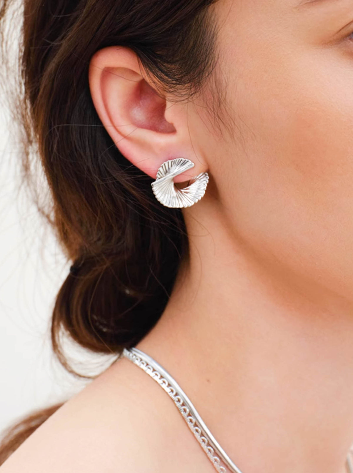 Silver Geometric Line Fan Stud Earrings