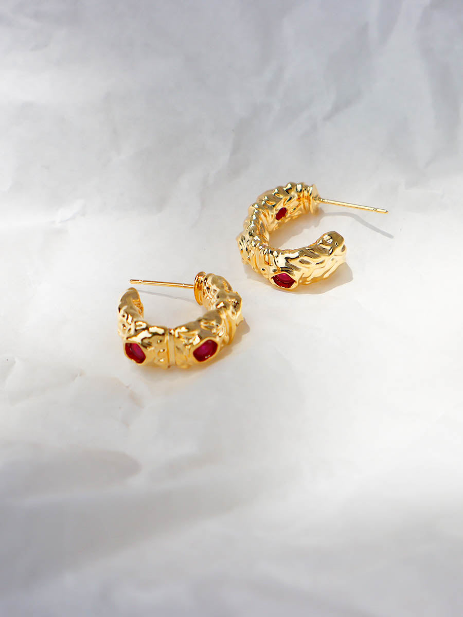 Gold Vintage Textured Red Rhinestones Hoop Earrings