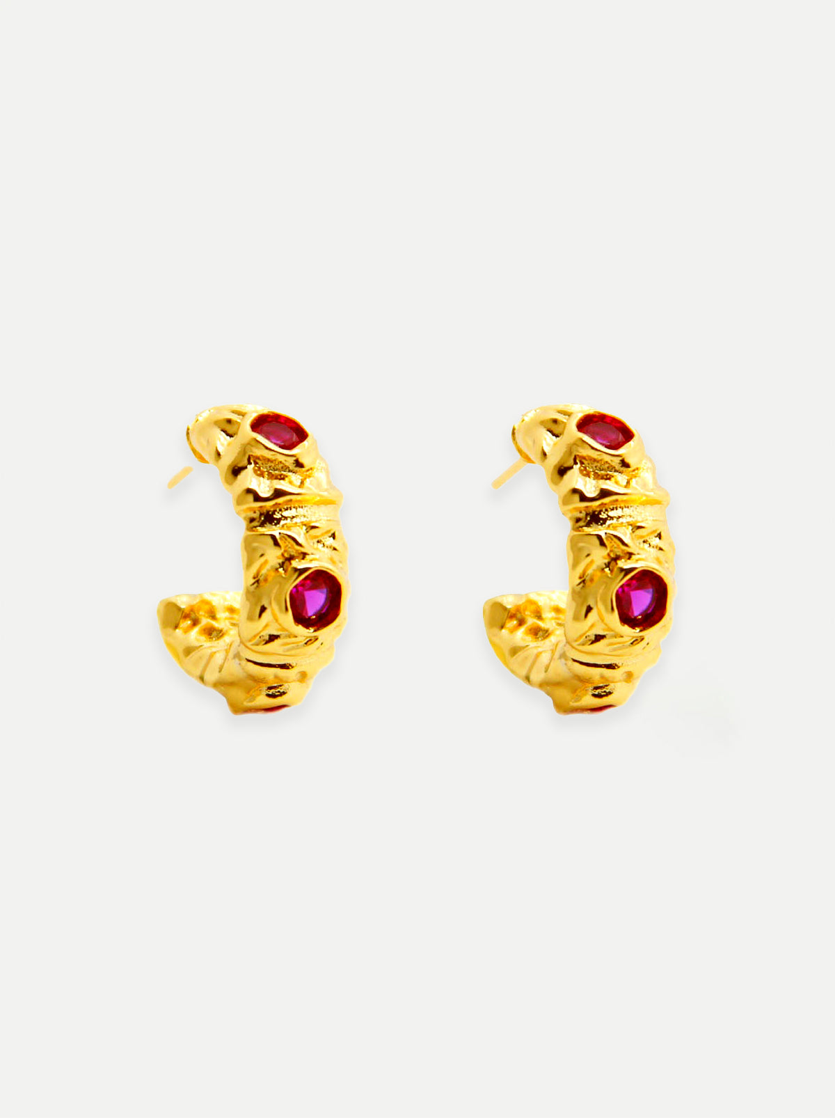 Gold Vintage Textured Red Rhinestones Hoop Earrings