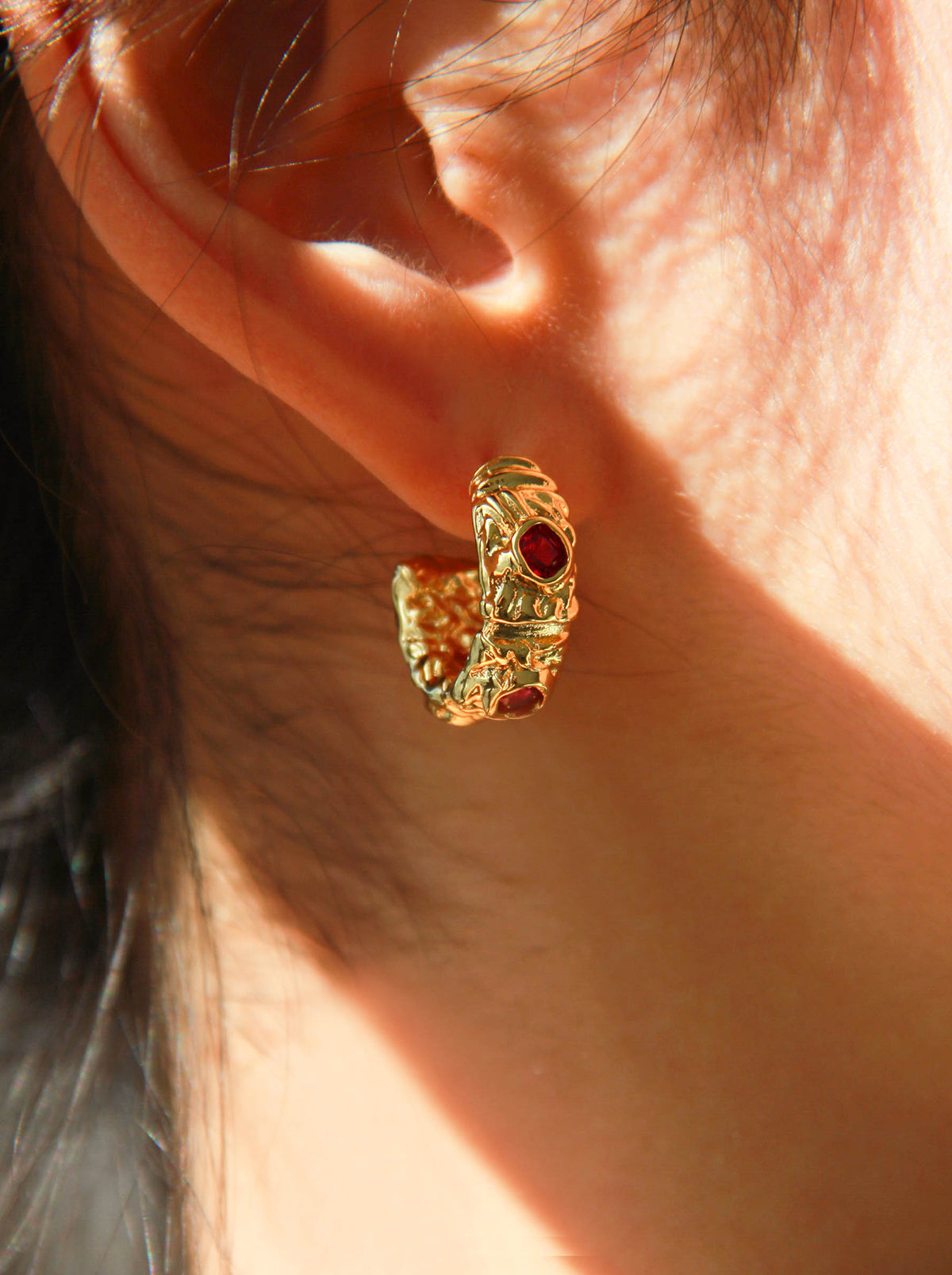 Gold Vintage Textured Red Rhinestones Hoop Earrings