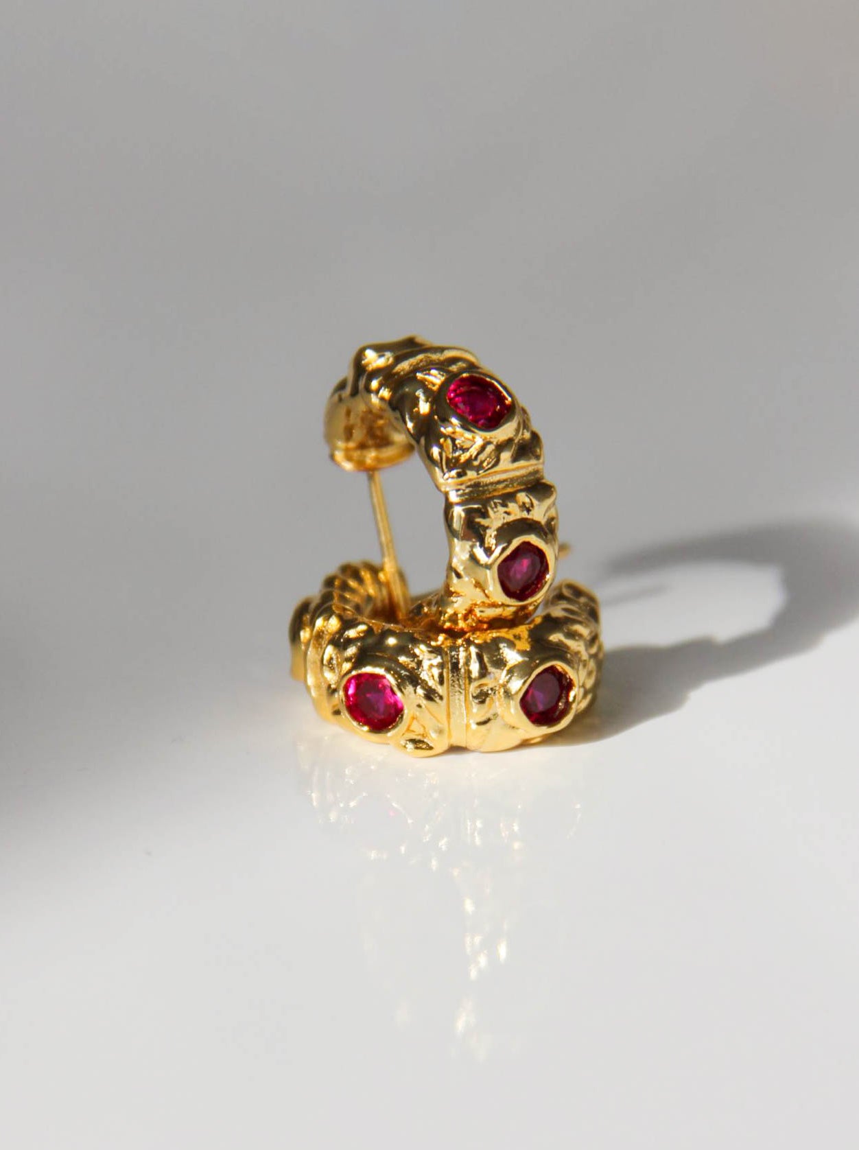 Gold Vintage Textured Red Rhinestones Hoop Earrings