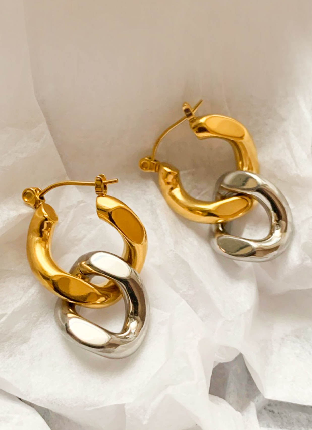 Gold Silver Duo Tone Chain Link Drop Earrings