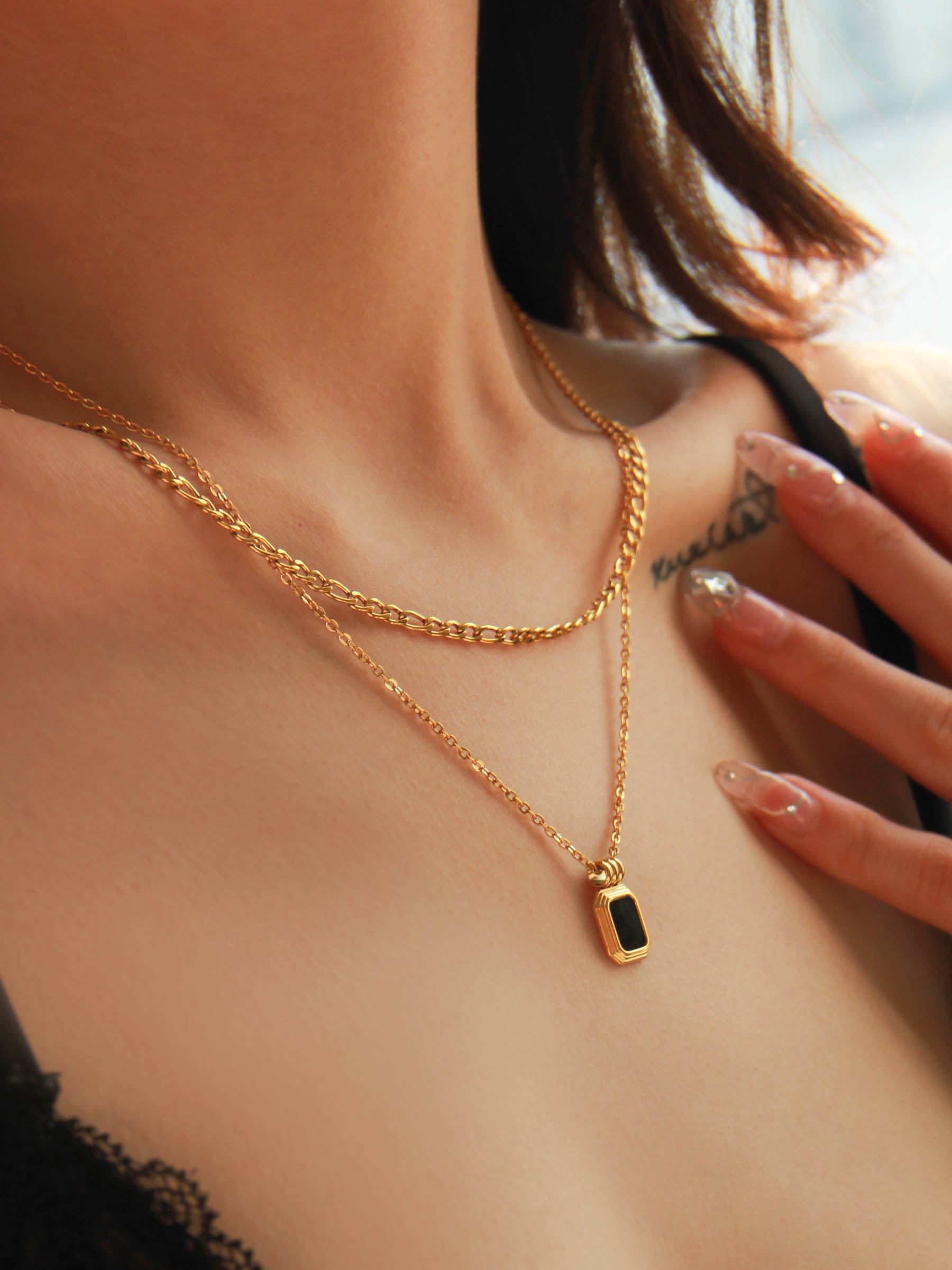 Gold Black Charm Pendant Layered Necklace