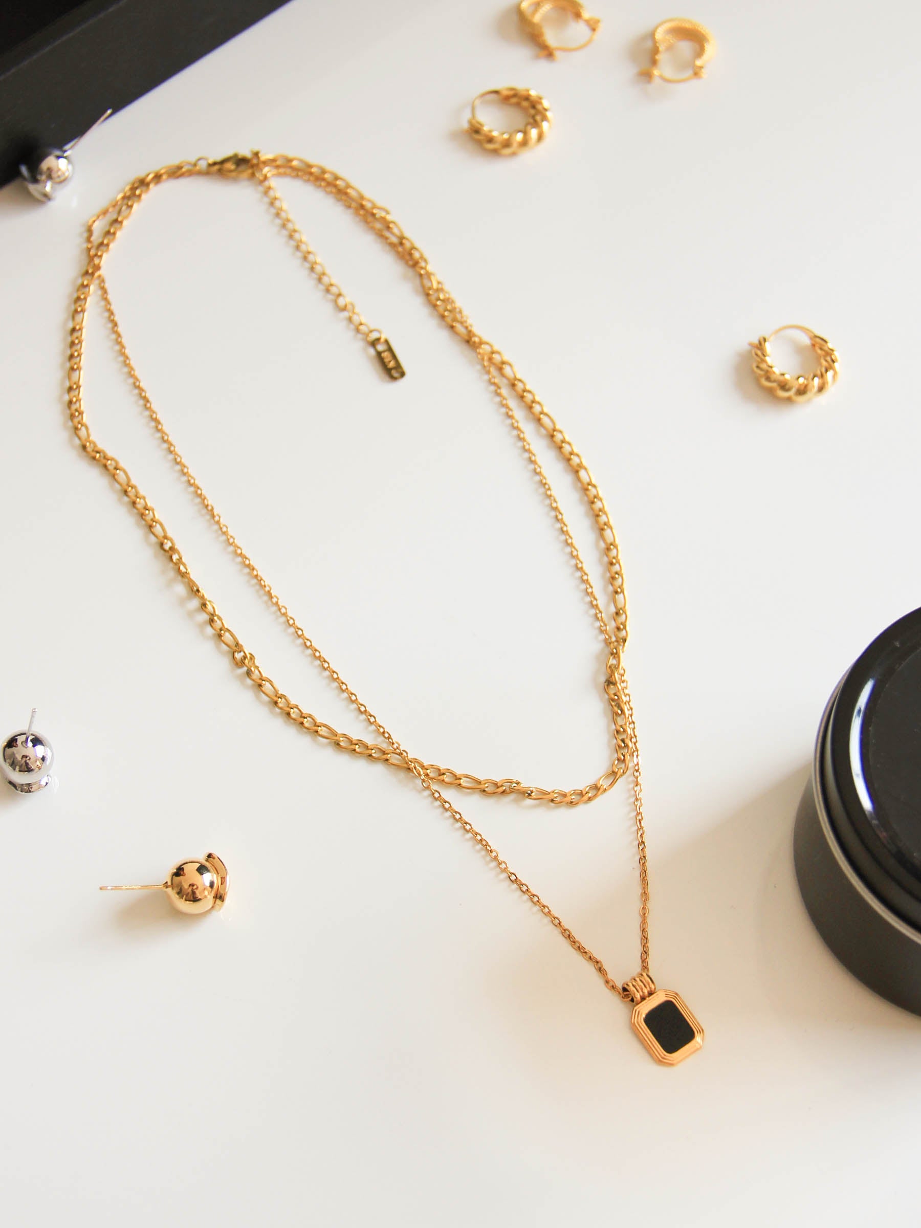 Gold Black Charm Pendant Layered Necklace