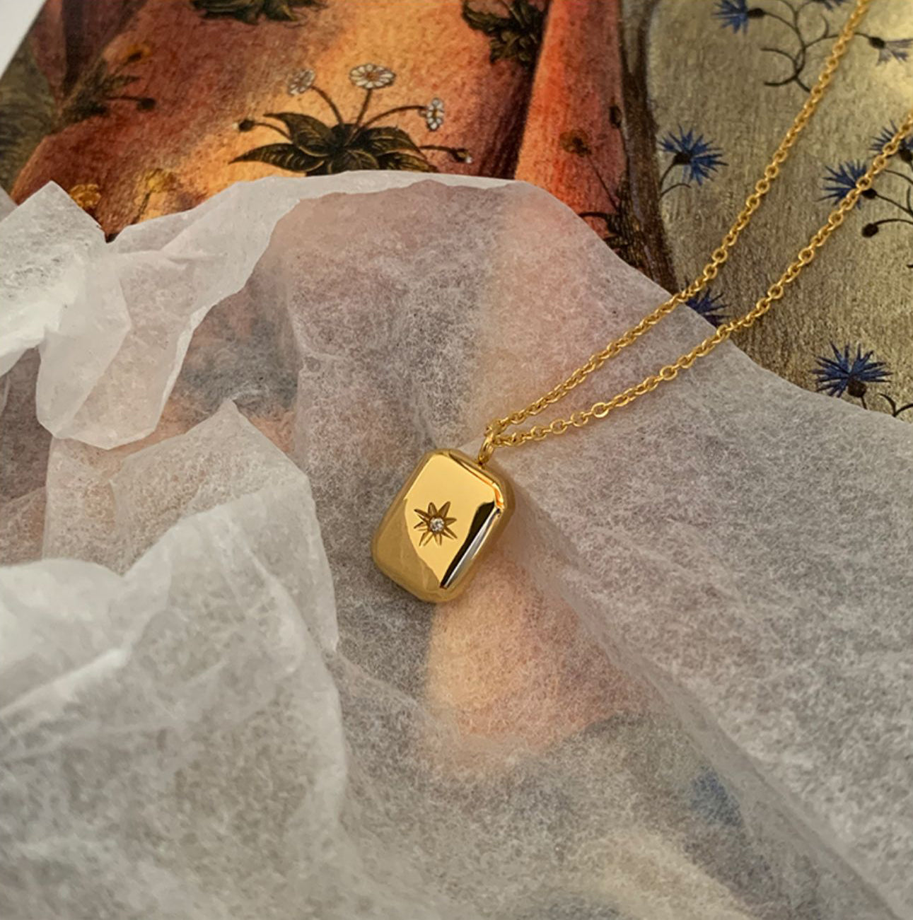 Gold Rectangular Charm Pendant Necklace with Star Accent