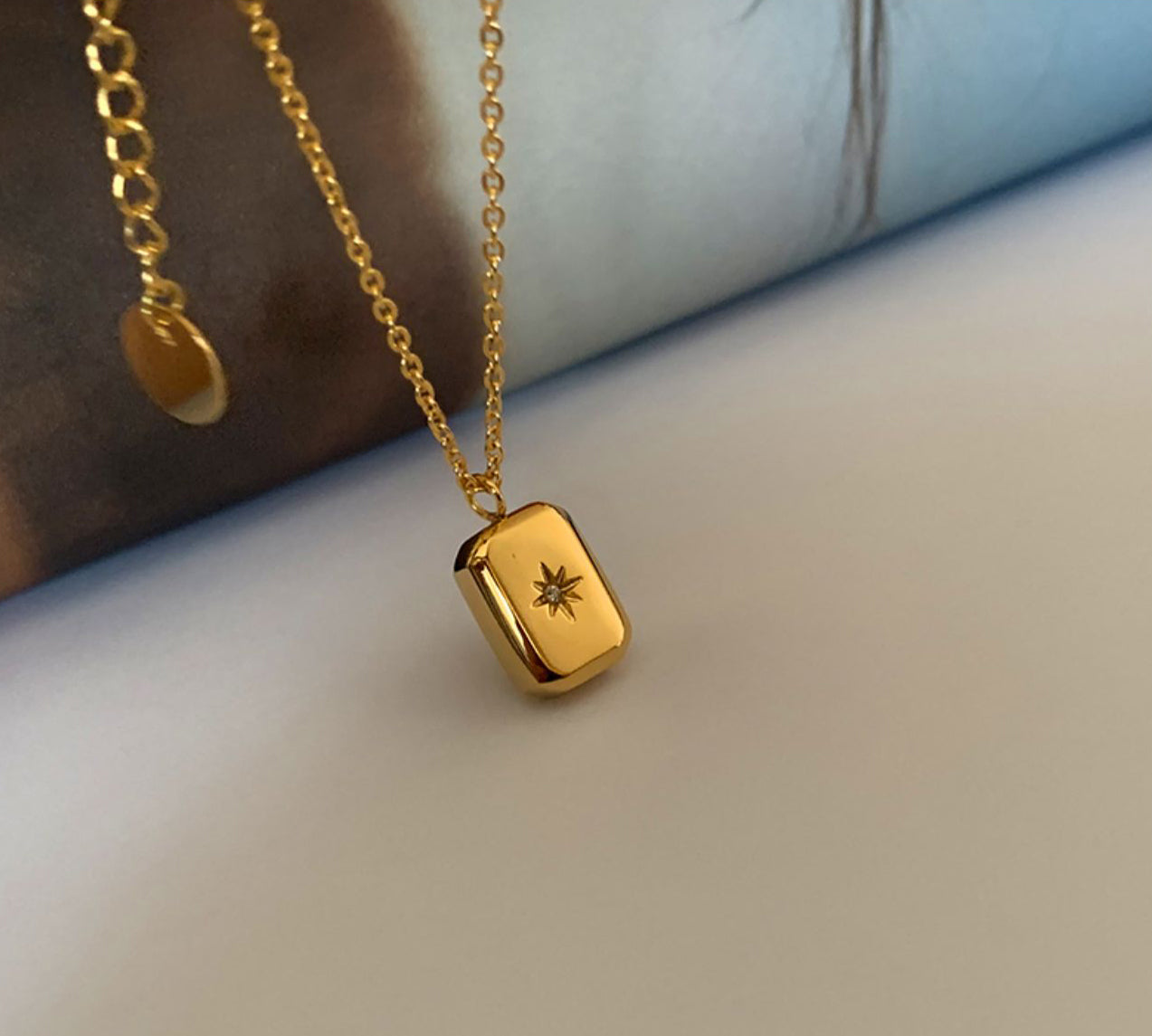 Gold Rectangular Charm Pendant Necklace with Star Accent