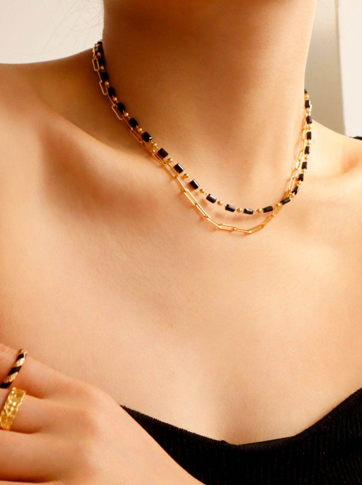 Gold Black Double Layer Chain Necklace