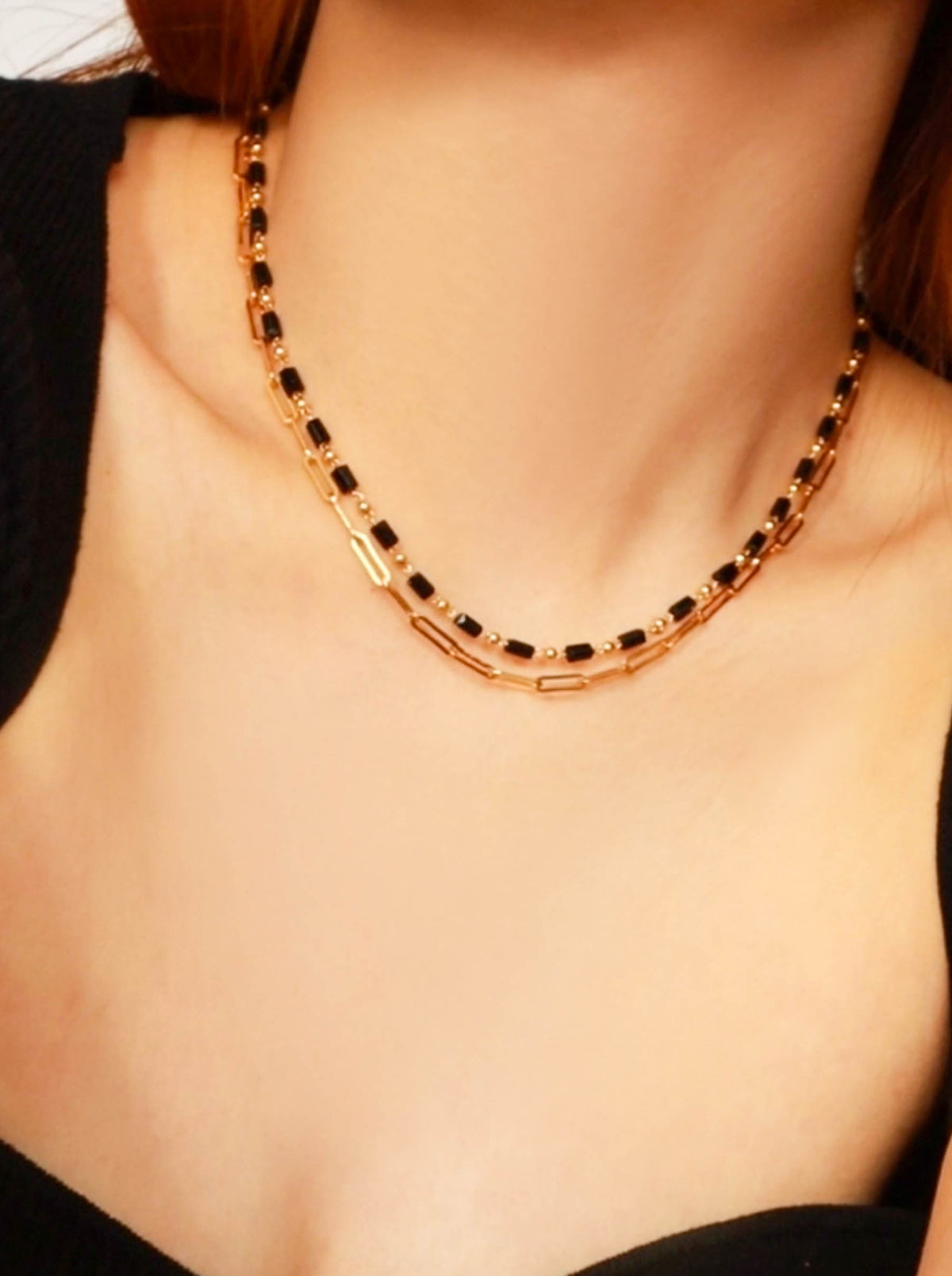 Gold Black Double Layer Chain Necklace