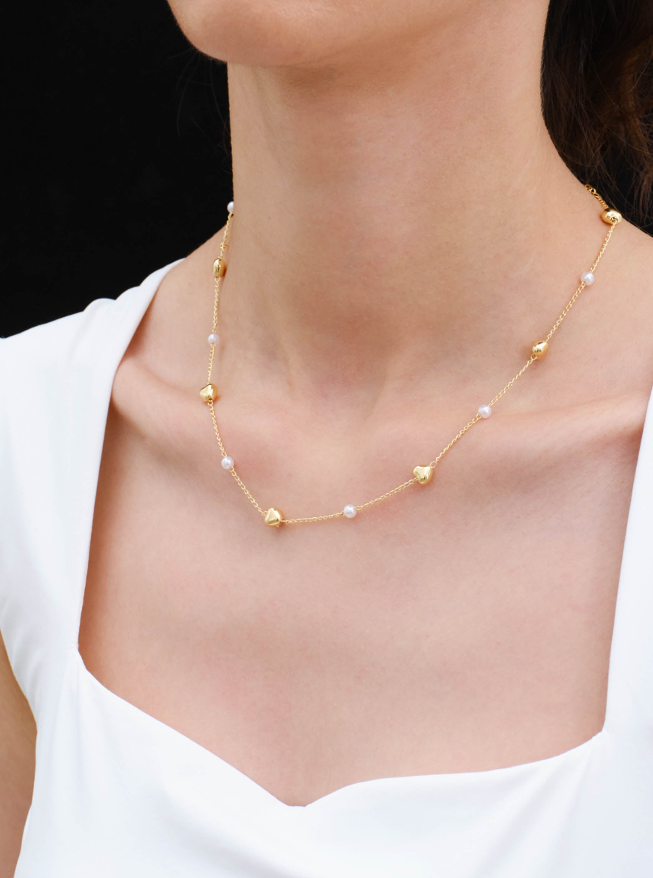 Gold Heart White Faux Shell Pearl Chain Necklac