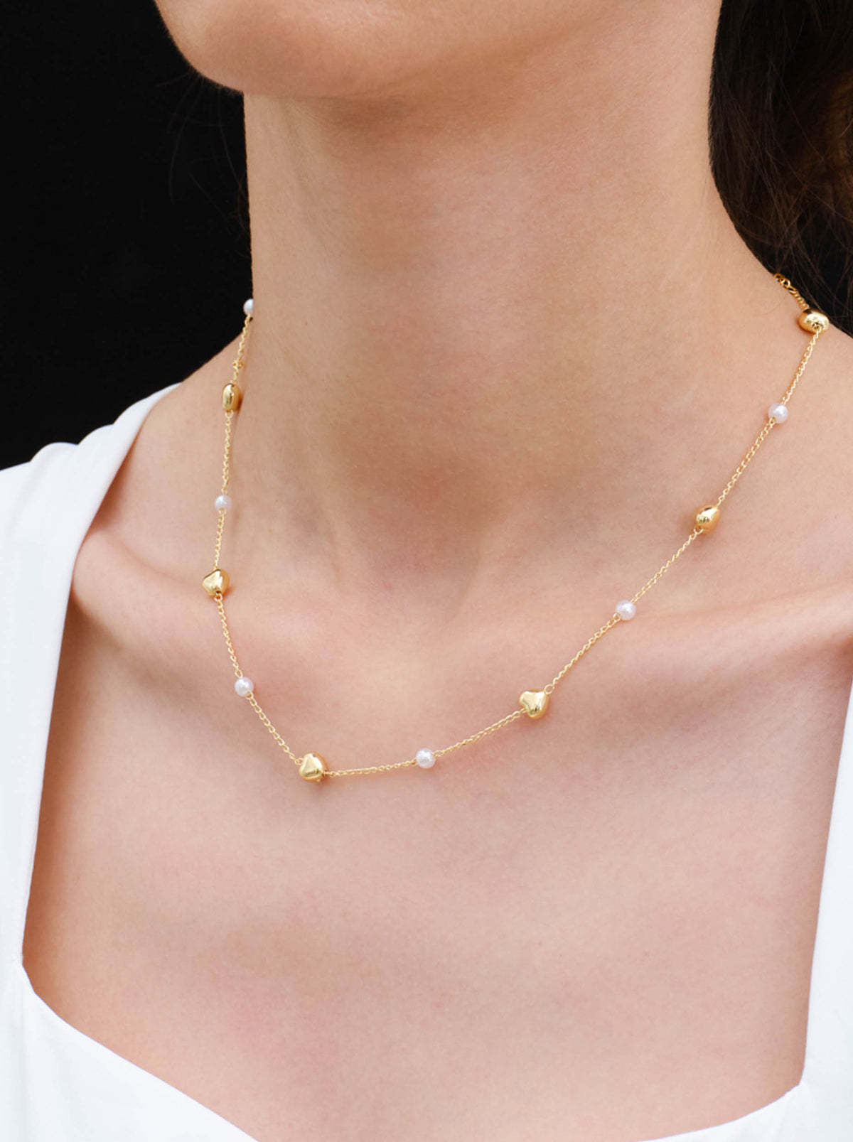 Gold Heart White Faux Shell Pearl Chain Necklac