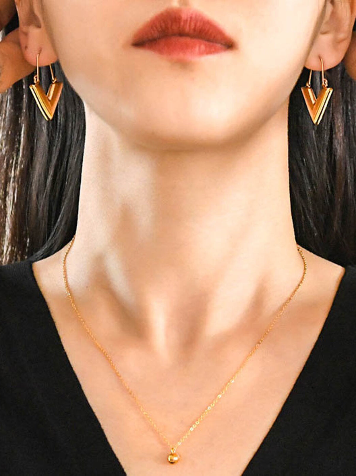 Gold V Shape Pendant Hoop Earrings