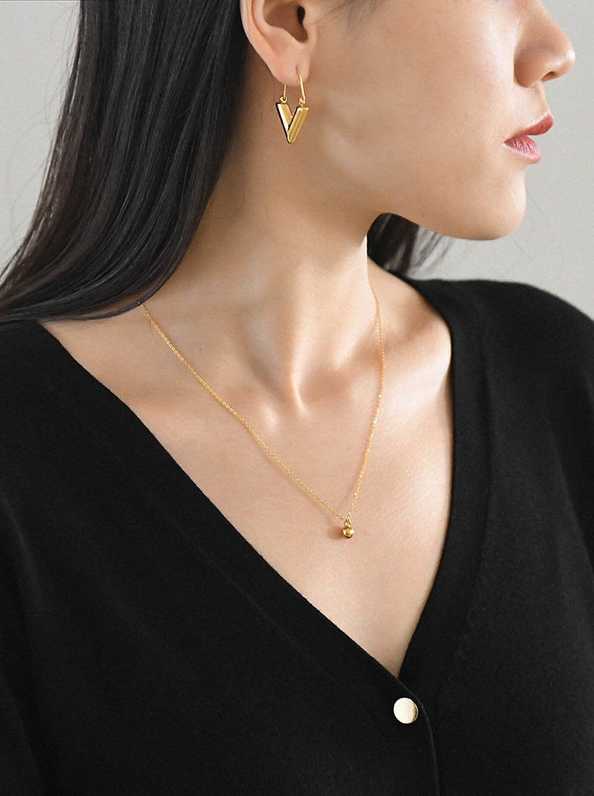 Gold V Shape Pendant Hoop Earrings